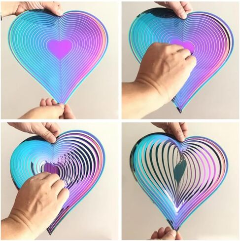 Rainbow 4 inch Diameter Heart Pattern Wind Chimes Ornament 3D Wind Wheel Flow Effect Metal Garden Decoration for Garden Yard in Saudi Arabia