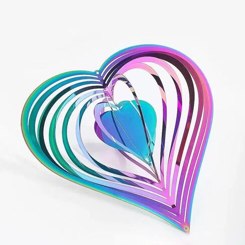 Rainbow 4 inch Diameter Heart Pattern Wind Chimes Ornament 3D Wind Wheel Flow Effect Metal Garden Decoration for Garden Yard in Saudi Arabia