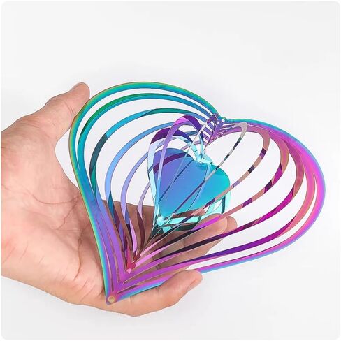 Rainbow 4 inch Diameter Heart Pattern Wind Chimes Ornament 3D Wind Wheel Flow Effect Metal Garden Decoration for Garden Yard in Saudi Arabia