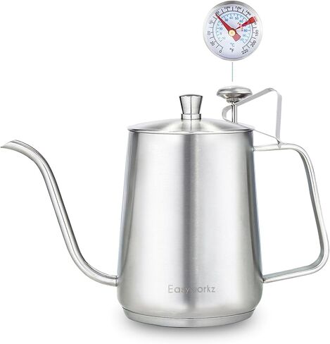 غلاية قهوة Easyworkz Gage Gooseneck بسعة 20 أونصة مع مقياس حرارة من الفولاذ المقاوم للصدأ وعاء قهوة بالتنقيط اليدوي مع فوهة طويلة ضيقة، فضي in Kuwait