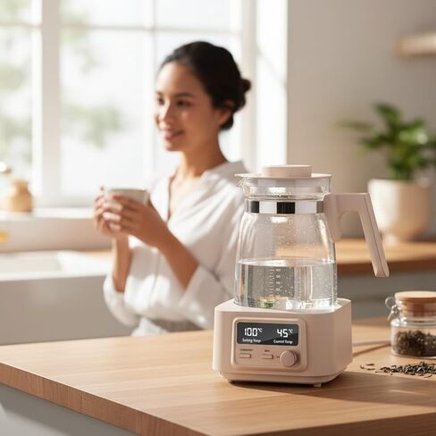 غلاية زجاجية كهربائية Babysmooth Smart Kettle Pro، سعة 1.3 لتر، شاشة LED رقمية، التحكم في درجة الحرارة 40-100 درجة مئوية، وظيفة الحفاظ على الدفء التلقائي، تشغيل صامت، بيج، لتخمير الشاي والقهوة in Kuwait