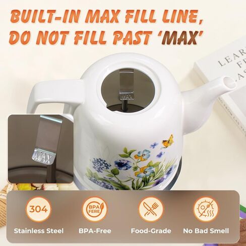 Ceramic Electric Kettle, 1.2L/1000W Boil Water Quickly and Easily,Boil-Dry Protection,Auto Shut Off, Detachable Swivel Base,Hot water kettle for Coffee & Tea in Kuwait