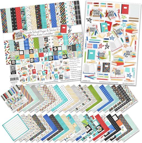 مجموعة ورق وملصقات Miss Kate Cuttables - المدرسة الابتدائية - 20 ورقة مزدوجة الجوانب مقاس 12 × 12 مع 39 تصميمًا وورقة ملصق مقاس 8 × 12 - صناعة بطاقات القصاصات in Saudi Arabia