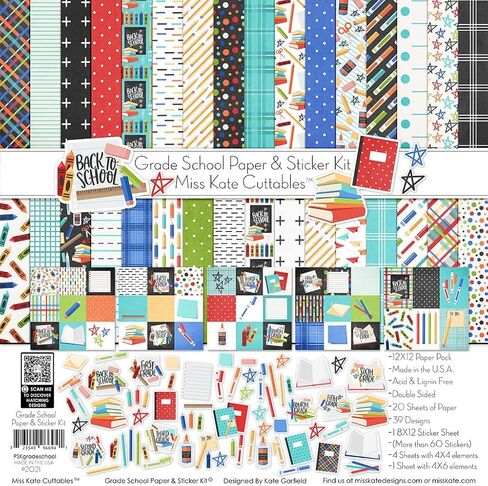 مجموعة ورق وملصقات Miss Kate Cuttables - المدرسة الابتدائية - 20 ورقة مزدوجة الجوانب مقاس 12 × 12 مع 39 تصميمًا وورقة ملصق مقاس 8 × 12 - صناعة بطاقات القصاصات in Saudi Arabia