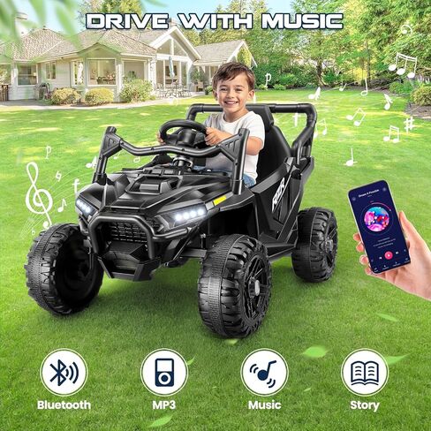 سيارة ركوب كهربائية للأطفال من Hikole 24V UTV مع جهاز تحكم عن بعد، محرك قوي 2 × 200 وات، ممتص للصدمات، حزام أمان، قرن، موسيقى وأضواء LED، ألعاب ركوب للأطفال الكبار من سن 3 إلى 8 سنوات، أسود in Kuwait