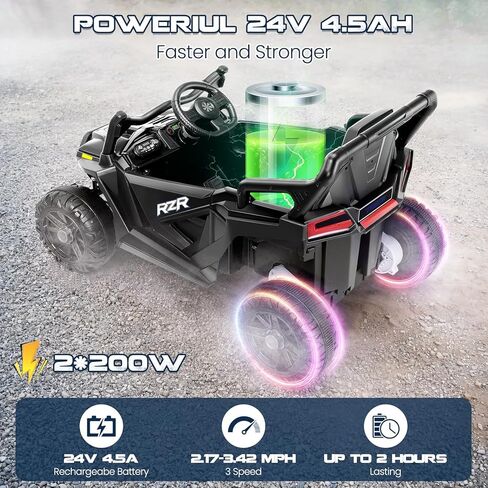 سيارة ركوب كهربائية للأطفال من Hikole 24V UTV مع جهاز تحكم عن بعد، محرك قوي 2 × 200 وات، ممتص للصدمات، حزام أمان، قرن، موسيقى وأضواء LED، ألعاب ركوب للأطفال الكبار من سن 3 إلى 8 سنوات، أسود in Kuwait