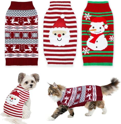 3 Pack Cat Christmas Sweater, Knit Pet Cat Sweaters Warm Coat Clothes Santa Reindeer Snowman Christmas Sweater Outfit for Cats Kitten Puppy S in Saudi Arabia