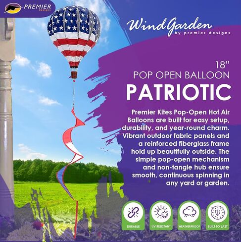 Premier Kites 18" Pop-Open Hot Air Balloon Patriotic – Durable Oxford Fabric, Reinforced Fiberglass Frame, Easy Click-Lock Assembly, Heavy-Duty Non-Tangle Hub, Outdoor Wind Spinner Decoration in Saudi Arabia
