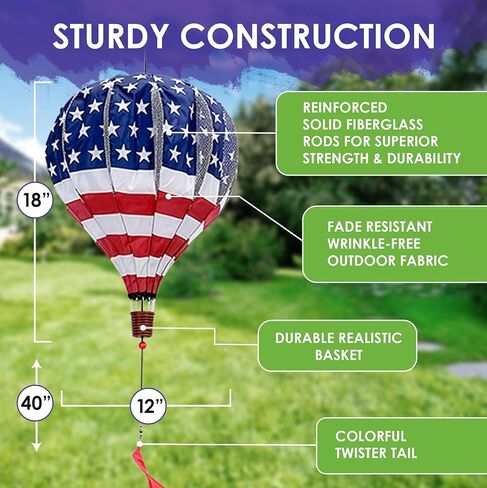 Premier Kites 18" Pop-Open Hot Air Balloon Patriotic – Durable Oxford Fabric, Reinforced Fiberglass Frame, Easy Click-Lock Assembly, Heavy-Duty Non-Tangle Hub, Outdoor Wind Spinner Decoration in Saudi Arabia