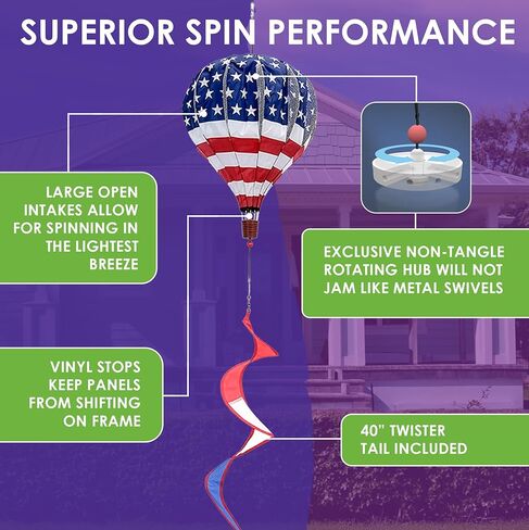 Premier Kites 18" Pop-Open Hot Air Balloon Patriotic – Durable Oxford Fabric, Reinforced Fiberglass Frame, Easy Click-Lock Assembly, Heavy-Duty Non-Tangle Hub, Outdoor Wind Spinner Decoration in Saudi Arabia