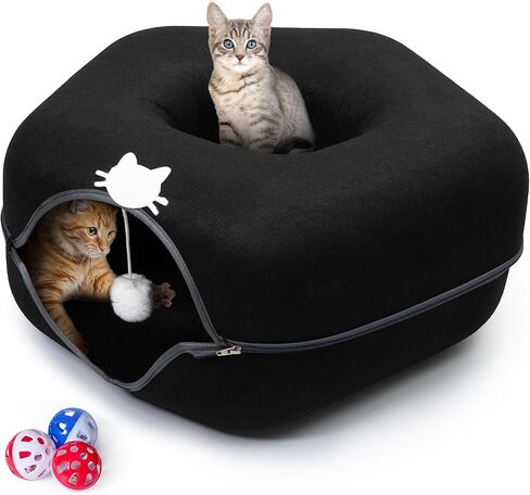 Meow Mansion Hexagon Cat Cave Donut Bed - for Medium and Small Size Cats - 3 Toy Balls & Hanging Ball Included - Scratch Resistant, Detachable and Cleanable Heaxgon Bed in Saudi Arabia