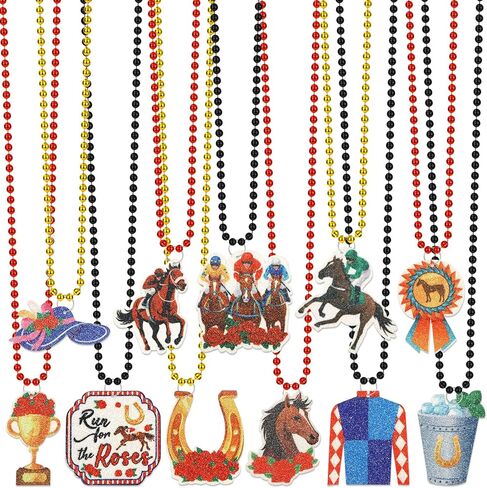 NOVWANG Derby Party Necklace Accessories Festive Derby Bead Necklace Set, 21 Pcs Horse Racing Themed Jewelry with Horse Horseshoe Pendants for Racing Party Decorations in Saudi Arabia
