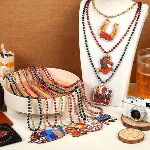NOVWANG Derby Party Necklace Accessories Festive Derby Bead Necklace Set, 21 Pcs Horse Racing Themed Jewelry with Horse Horseshoe Pendants for Racing Party Decorations in Saudi Arabia