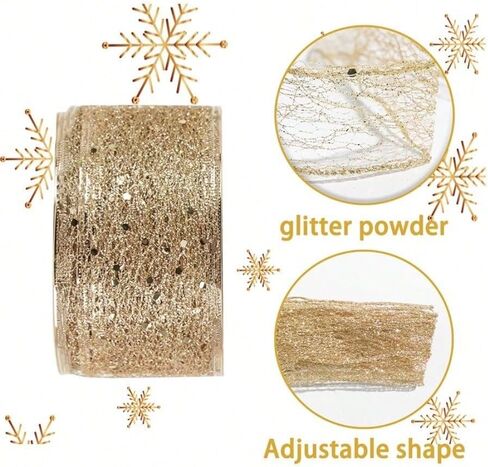 Sparkling Glitter Mesh Ribbon Roll 3 Meter Length for DIY Bows Christmas Tree Ribbon 2 Inch Width for Home Decor Gift Wrapping - 1 Roll (Gold) in Saudi Arabia