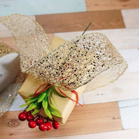 Sparkling Glitter Mesh Ribbon Roll 3 Meter Length for DIY Bows Christmas Tree Ribbon 2 Inch Width for Home Decor Gift Wrapping - 1 Roll (Gold) in Saudi Arabia