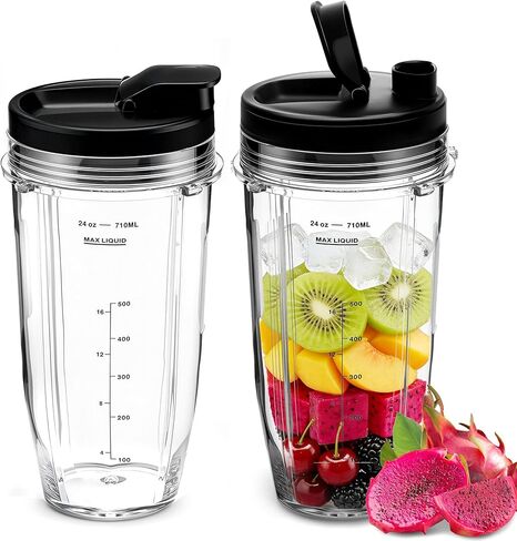 قطعتان من كوب الخلاط سعة 24oz للنينجا، كوب الخلاط مع أغطية رشفة وختم لـ Nutri Ninja BL450 L480 BL640 BL682 BN400 BN750 BN800 NN100 SS100 SS151 SS300 CO351B، قطع غيار خلاط النينجا in Kuwait