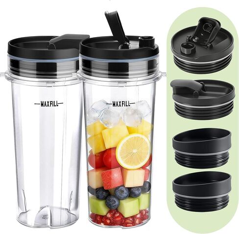قطعتان من كوب الخلاط سعة 24oz للنينجا، كوب الخلاط مع أغطية رشفة وختم لـ Nutri Ninja BL450 L480 BL640 BL682 BN400 BN750 BN800 NN100 SS100 SS151 SS300 CO351B، قطع غيار خلاط النينجا in Kuwait