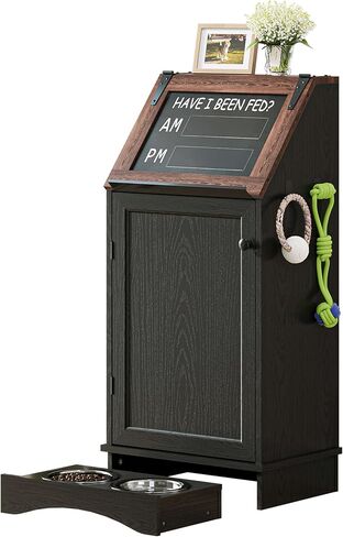 FIMELLO Dog Feeding Station with Storage, Dog Food Cabinet with 2 Hidden Feeding Bowls, Flip-Top Pet Storage Cabinet, Pet Food Holder, White Grain in Saudi Arabia