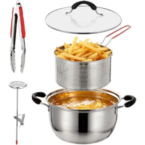 4 قطع وعاء مقلاة عميقة مع سلة، مقلاة من الفولاذ المقاوم للصدأ 304 تتضمن وعاء 6QT للقلي والتبخير والطهي ومشبك الطعام ومقياس الحرارة وسلة القلي، رائعة للاستخدام في المطبخ المنزلي in Kuwait