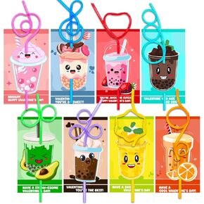Valentines Day Cards for Kids with 32 Pack of Crazy Loop Reusable Drinking Straws, Bulk Valentine Exchange Cards for Girls Boys School Class Exchange Gifts Prizes, Valentine's Party Favors, 8 Styles in Kuwait