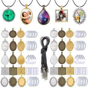 J6QIHANG Pendant Trays Kit for DIY Jewelry Craft Making, Including Round Pendant Bezel Blank Trays Glass Cabochons Waxed Necklace Cords for Photo Cameo Jewelry Making in Saudi Arabia