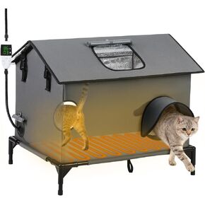 Extra Large Heated Cat House for Outside, Weatherproof Insulated Indoor Multi-Cat House with Adjustable Heating Pad, Escape Door & Elevated Base, Warm Shelter for Feral Stray Barn Cats in Kuwait