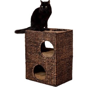 CHS1000A Jaxon 18" Modern Classic 2-Tier Handwoven Hyacinth Rectangular 5-Hole Cat Condo with 2 Machine-Washable Cushions, Natural in Saudi Arabia