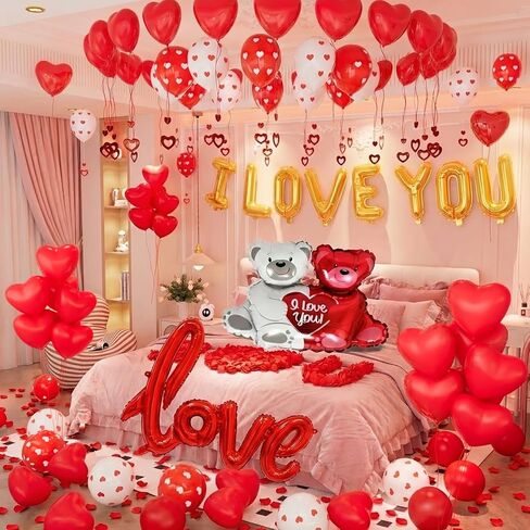 مجموعة بالونات عيد الحب بالونات I Love You وبالونات قلب مطبوعة على شكل قلب مع 1000 قطعة من بتلات الورد الحريرية الحمراء لتزيين الزهور على شكل دب لتزيين حفلات عيد الحب in Kuwait