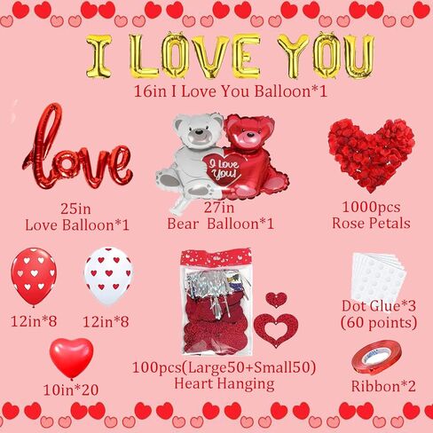 مجموعة بالونات عيد الحب بالونات I Love You وبالونات قلب مطبوعة على شكل قلب مع 1000 قطعة من بتلات الورد الحريرية الحمراء لتزيين الزهور على شكل دب لتزيين حفلات عيد الحب in Kuwait