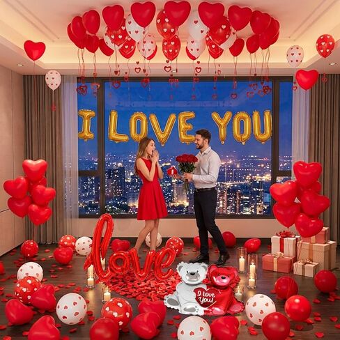 مجموعة بالونات عيد الحب بالونات I Love You وبالونات قلب مطبوعة على شكل قلب مع 1000 قطعة من بتلات الورد الحريرية الحمراء لتزيين الزهور على شكل دب لتزيين حفلات عيد الحب in Kuwait