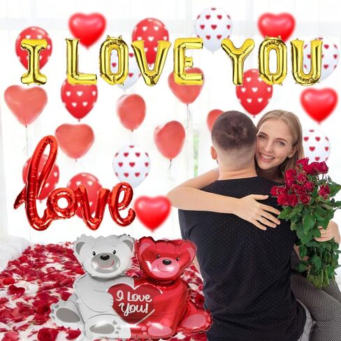 مجموعة بالونات عيد الحب بالونات I Love You وبالونات قلب مطبوعة على شكل قلب مع 1000 قطعة من بتلات الورد الحريرية الحمراء لتزيين الزهور على شكل دب لتزيين حفلات عيد الحب in Kuwait
