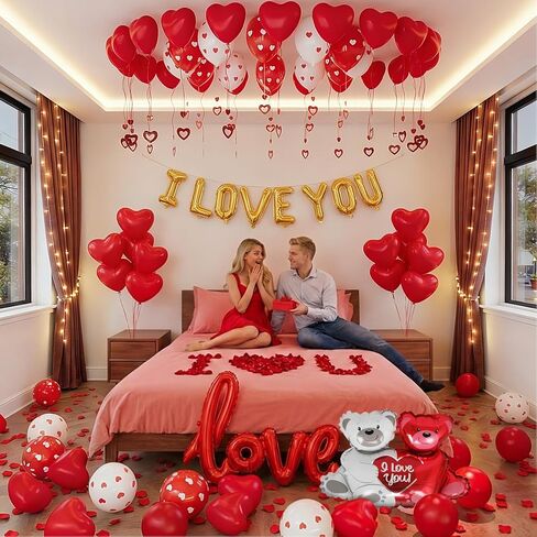 مجموعة بالونات عيد الحب بالونات I Love You وبالونات قلب مطبوعة على شكل قلب مع 1000 قطعة من بتلات الورد الحريرية الحمراء لتزيين الزهور على شكل دب لتزيين حفلات عيد الحب in Kuwait