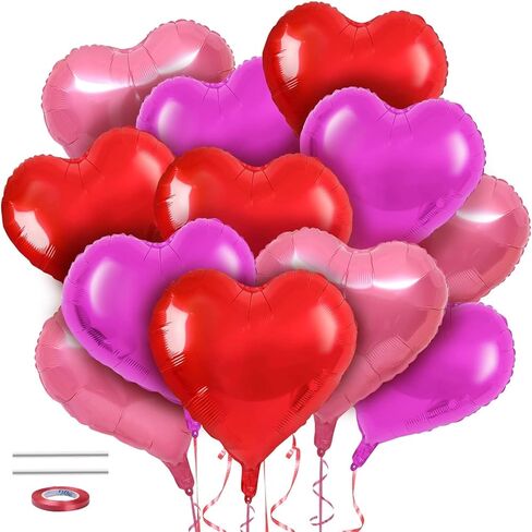 Heart Balloons 12 Pack - 18 Inch Foil Heart-Shaped Balloons in Pink, Magenta, and Red with Ribbon and Straw - Perfect for Valentine’s Day, Mother’s Day, Weddings, Birthdays, and Party Decorations in Saudi Arabia