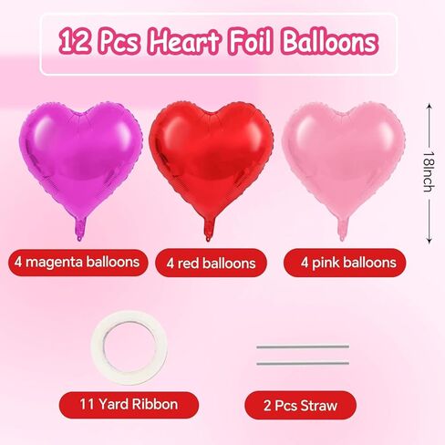Heart Balloons 12 Pack - 18 Inch Foil Heart-Shaped Balloons in Pink, Magenta, and Red with Ribbon and Straw - Perfect for Valentine’s Day, Mother’s Day, Weddings, Birthdays, and Party Decorations in Kuwait
