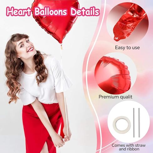 Heart Balloons 12 Pack - 18 Inch Foil Heart-Shaped Balloons in Pink, Magenta, and Red with Ribbon and Straw - Perfect for Valentine’s Day, Mother’s Day, Weddings, Birthdays, and Party Decorations in Kuwait