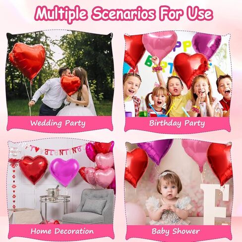 Heart Balloons 12 Pack - 18 Inch Foil Heart-Shaped Balloons in Pink, Magenta, and Red with Ribbon and Straw - Perfect for Valentine’s Day, Mother’s Day, Weddings, Birthdays, and Party Decorations in Kuwait