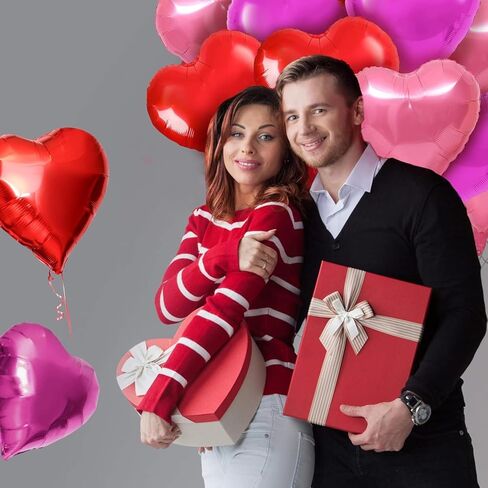 Heart Balloons 12 Pack - 18 Inch Foil Heart-Shaped Balloons in Pink, Magenta, and Red with Ribbon and Straw - Perfect for Valentine’s Day, Mother’s Day, Weddings, Birthdays, and Party Decorations in Kuwait