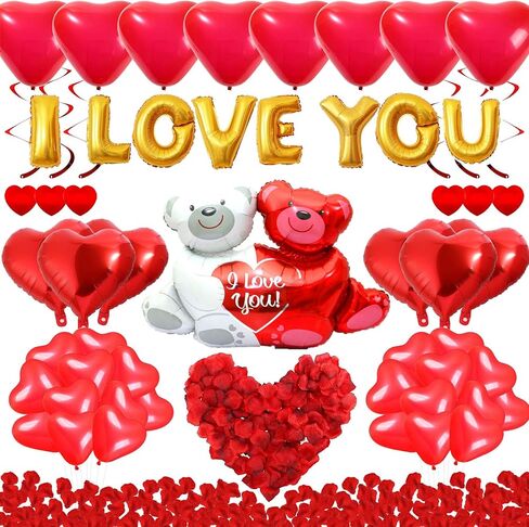 Rainmae I Love You Gold Balloons and Heart Balloons Kit مع 1000 قطعة من بتلات الورد الحريرية الحمراء الداكنة لتزيين الزهور الرومانسية بالونات الحب الدب على شكل قلب أحمر لتزيين حفلات الزفاف في عيد الحب in Kuwait