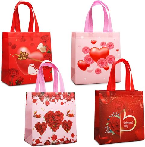 PARSUP 4PCS Happy Valentines Day Reusable Gift Bags, Treat Bags with Handles, Goodie Bags, Multifunctional Non-Woven Valentines Bags for Gifts Wrapping, Valentines Party Supplies, 8.7×9.2×4.3inch in Saudi Arabia