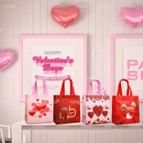 PARSUP 4PCS Happy Valentines Day Reusable Gift Bags, Treat Bags with Handles, Goodie Bags, Multifunctional Non-Woven Valentines Bags for Gifts Wrapping, Valentines Party Supplies, 8.7×9.2×4.3inch in Saudi Arabia