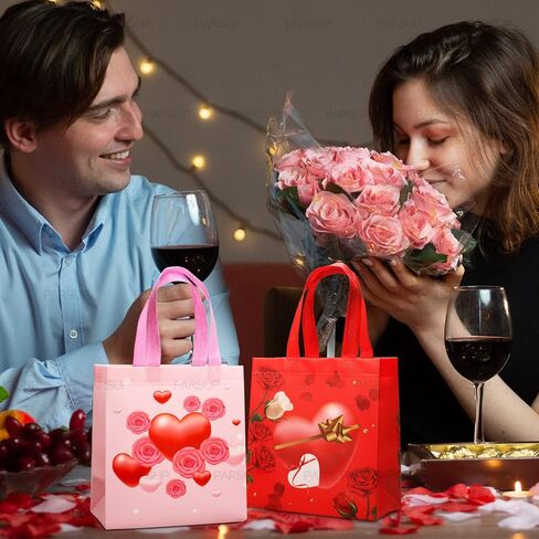 PARSUP 4PCS Happy Valentines Day Reusable Gift Bags, Treat Bags with Handles, Goodie Bags, Multifunctional Non-Woven Valentines Bags for Gifts Wrapping, Valentines Party Supplies, 8.7×9.2×4.3inch in Saudi Arabia