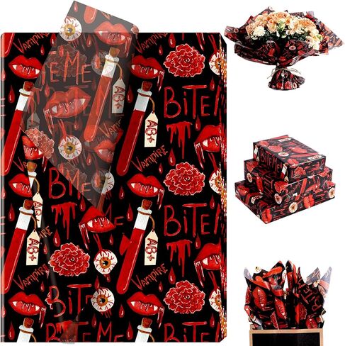 100 Sheets Bloody Bite Me Tissue Paper, Watercolor Valentine's Day Vampire Pattern Wrapping Paper for Wedding Gift Wrapping DIY Crafts Terrifying Party Supplies, 13.8 x 19.7 Inch in Saudi Arabia