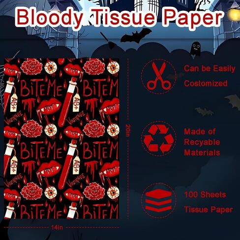 100 Sheets Bloody Bite Me Tissue Paper, Watercolor Valentine's Day Vampire Pattern Wrapping Paper for Wedding Gift Wrapping DIY Crafts Terrifying Party Supplies, 13.8 x 19.7 Inch in Saudi Arabia