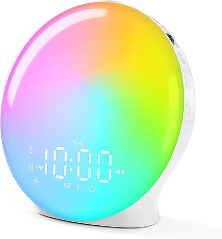 Wake Up Light Sunrise Alarm Clock for Kids, Heavy Sleepers, Bedroom, Bluetooth Speaker Sound Machine with 22 Natural Sounds, White Noise, Dual Alarms, FM Radio, 17 Color Night Lights, Ideal for Gift in Saudi Arabia
