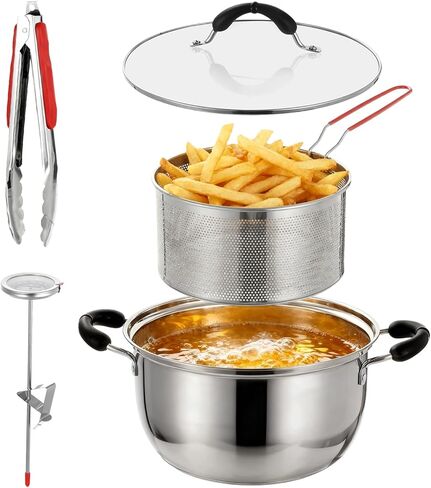 4 قطع وعاء مقلاة عميقة مع سلة، مقلاة من الفولاذ المقاوم للصدأ 304 تتضمن وعاء 6QT للقلي والتبخير والطهي ومشبك الطعام ومقياس الحرارة وسلة القلي، رائعة للاستخدام في المطبخ المنزلي in Kuwait
