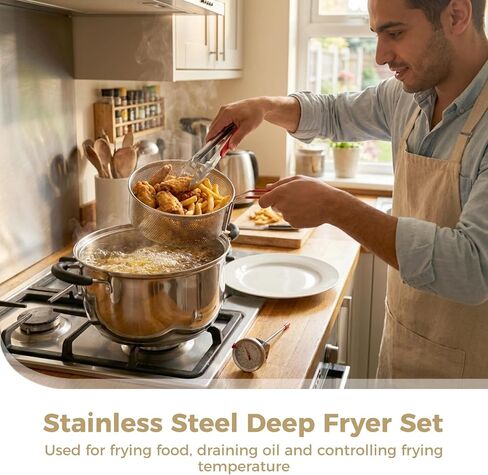 4 قطع وعاء مقلاة عميقة مع سلة، مقلاة من الفولاذ المقاوم للصدأ 304 تتضمن وعاء 6QT للقلي والتبخير والطهي ومشبك الطعام ومقياس الحرارة وسلة القلي، رائعة للاستخدام في المطبخ المنزلي in Kuwait