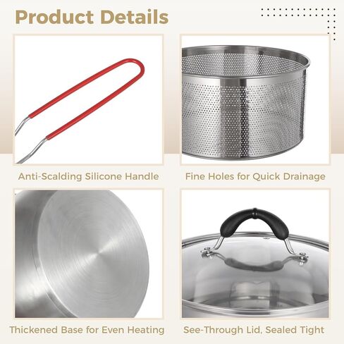 4 قطع وعاء مقلاة عميقة مع سلة، مقلاة من الفولاذ المقاوم للصدأ 304 تتضمن وعاء 6QT للقلي والتبخير والطهي ومشبك الطعام ومقياس الحرارة وسلة القلي، رائعة للاستخدام في المطبخ المنزلي in Kuwait