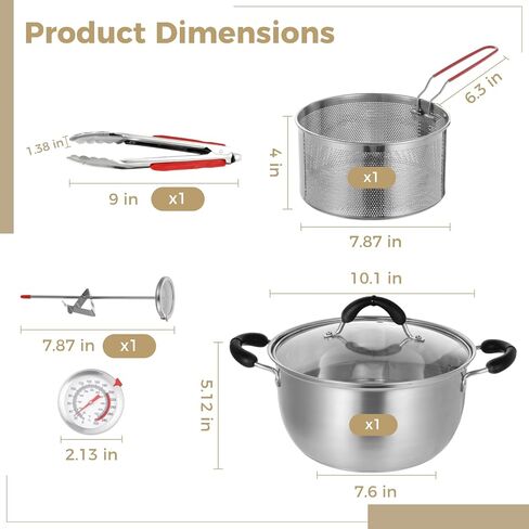 4 قطع وعاء مقلاة عميقة مع سلة، مقلاة من الفولاذ المقاوم للصدأ 304 تتضمن وعاء 6QT للقلي والتبخير والطهي ومشبك الطعام ومقياس الحرارة وسلة القلي، رائعة للاستخدام في المطبخ المنزلي in Kuwait
