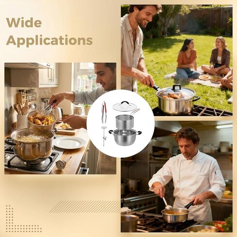 4 قطع وعاء مقلاة عميقة مع سلة، مقلاة من الفولاذ المقاوم للصدأ 304 تتضمن وعاء 6QT للقلي والتبخير والطهي ومشبك الطعام ومقياس الحرارة وسلة القلي، رائعة للاستخدام في المطبخ المنزلي in Kuwait