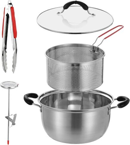 4 قطع وعاء مقلاة عميقة مع سلة، مقلاة من الفولاذ المقاوم للصدأ 304 تتضمن وعاء 6QT للقلي والتبخير والطهي ومشبك الطعام ومقياس الحرارة وسلة القلي، رائعة للاستخدام في المطبخ المنزلي in Kuwait